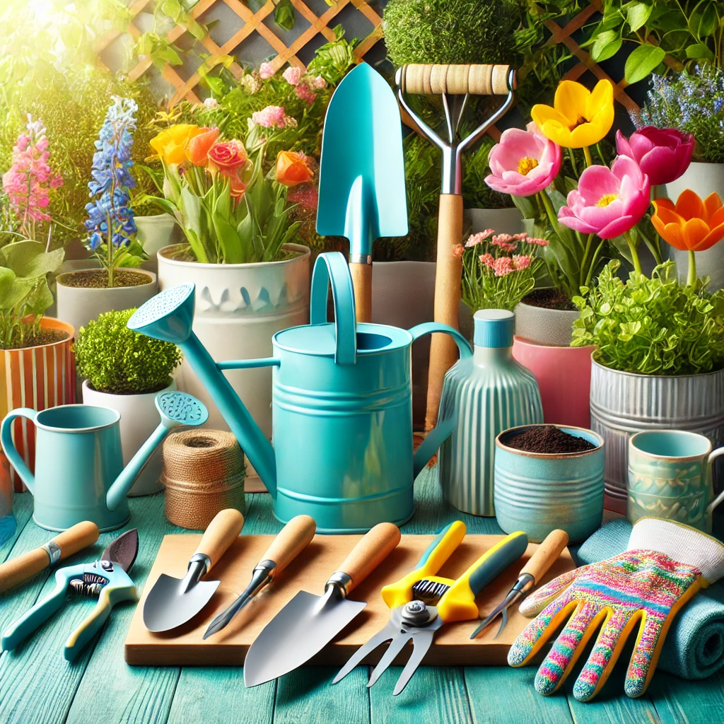 Vibrant and colorful modern gardening tools displayed in a clean, bright outdoor setting, featuring trowels, spades, and watering cans with eco-friendly designs.
