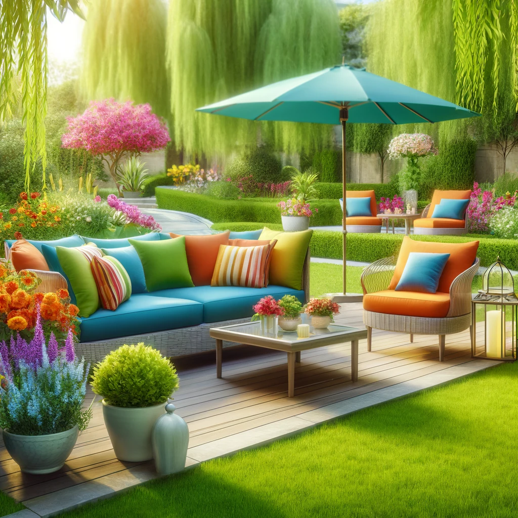 Vibrant and colorful modern outdoor furniture in a bright and inviting garden setting, featuring a stylish patio set with a table, chairs, and cushions.