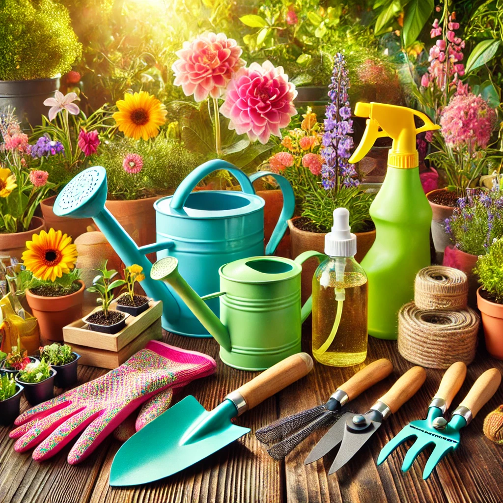 Vibrant and colorful plant care essentials displayed in a bright outdoor garden setting, featuring tools such as a watering can, gloves, and soil bags.