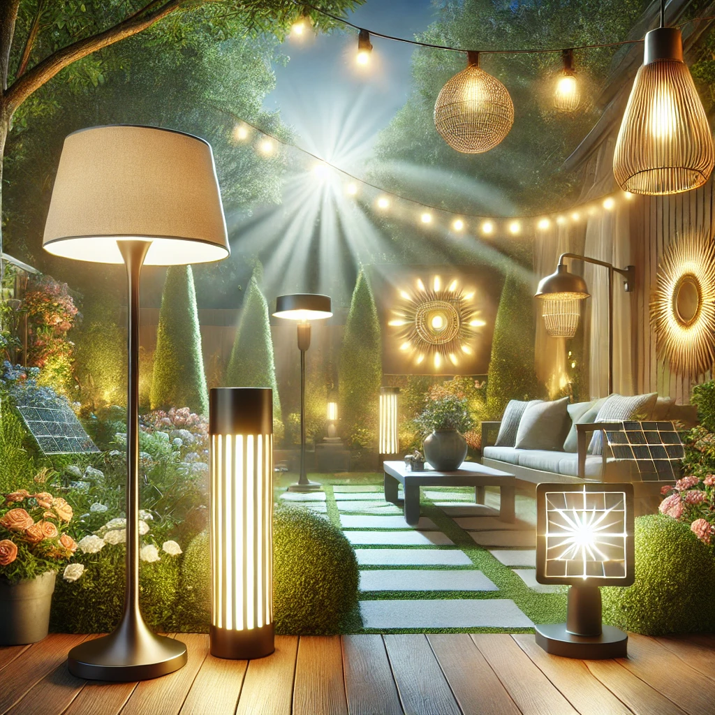 Stylish outdoor lighting fixtures showcased in a bright and inviting garden setting, featuring modern designs and vibrant ambiance.