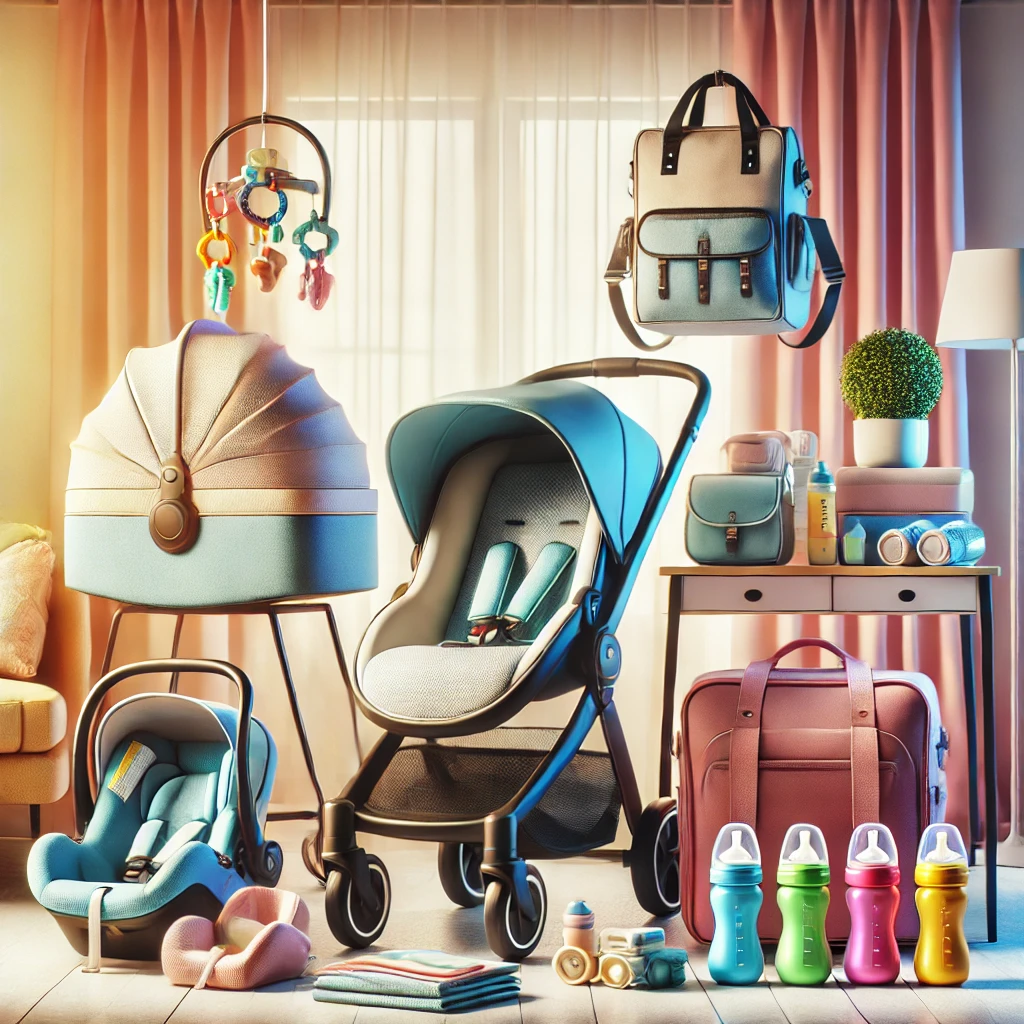Modern baby gear and travel essentials, including a sleek stroller, a diaper bag, and a portable baby seat in a clean and organized setting.