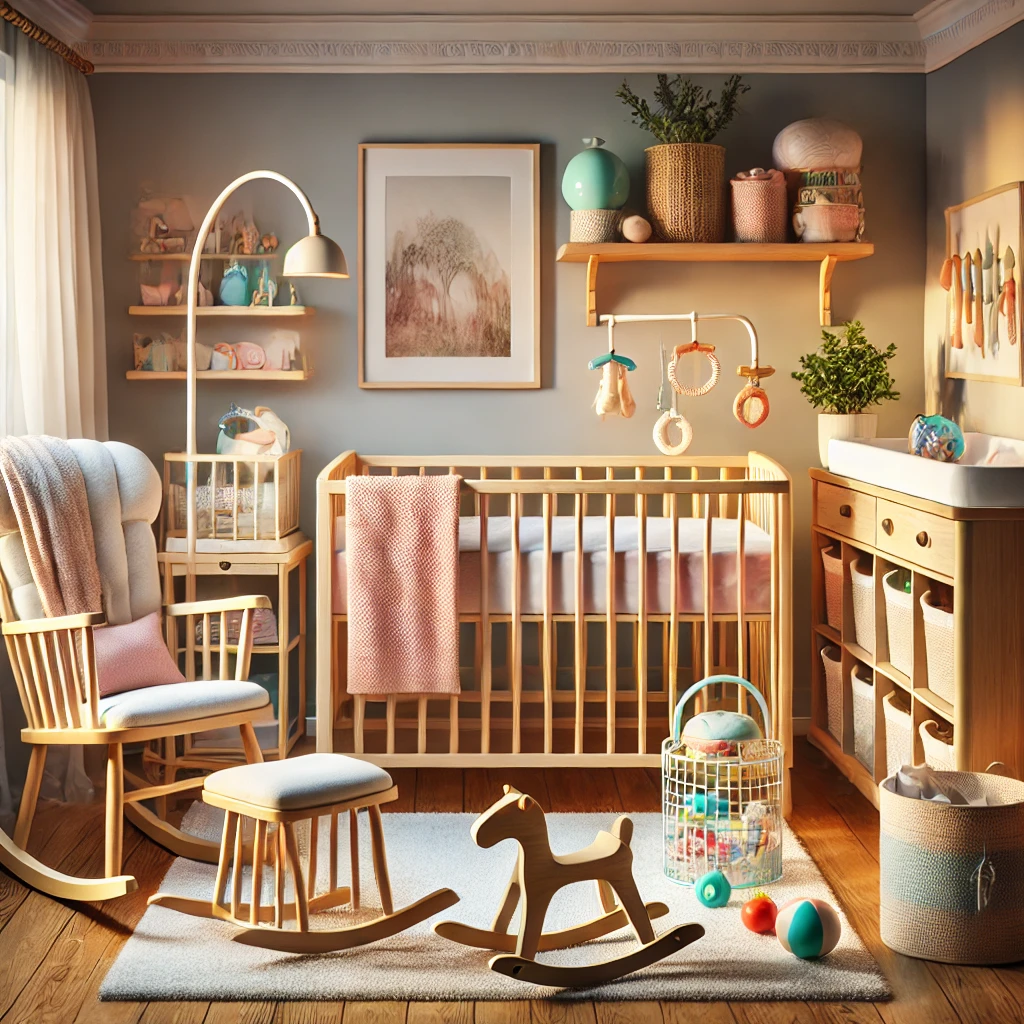 Modern nursery essentials in a cozy and inviting nursery room, featuring a stylish crib with soft bedding, a changing table, and elegant decor.