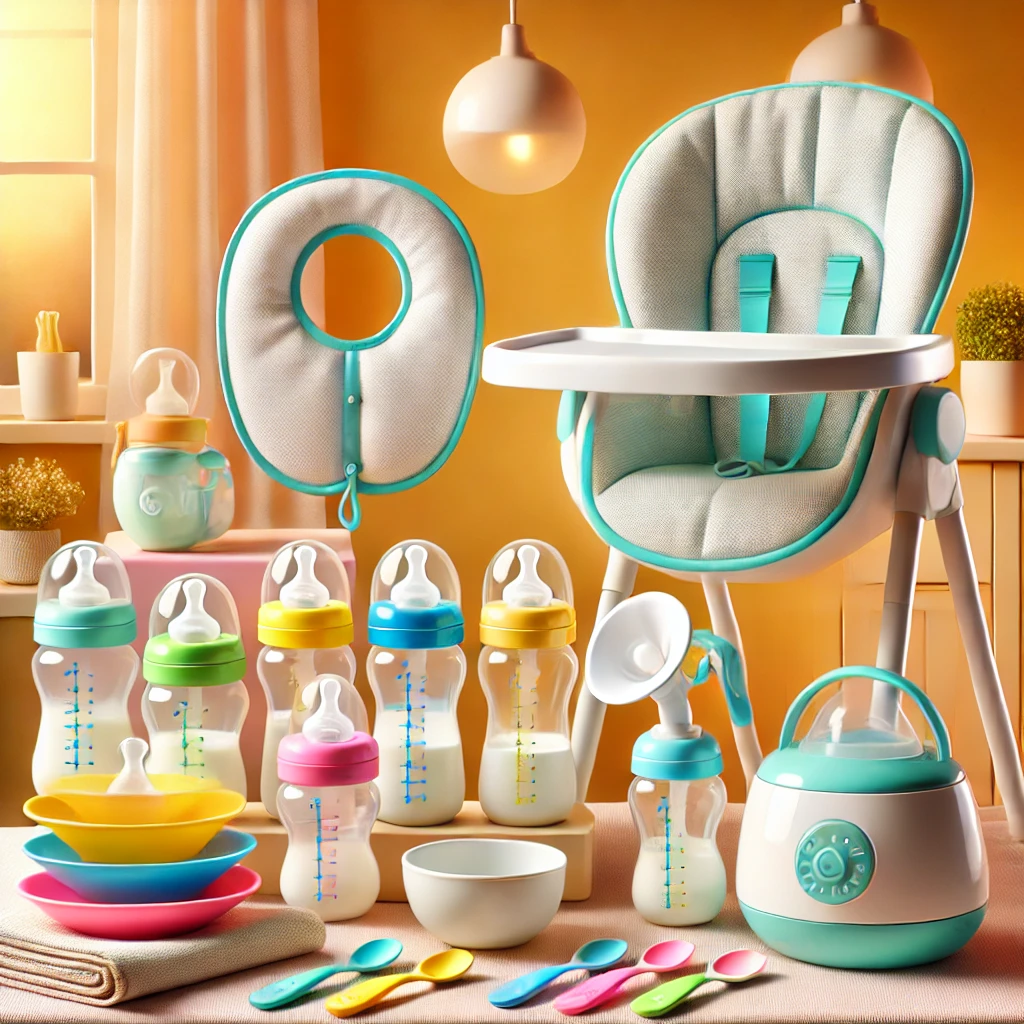 Modern feeding and nursing products for babies displayed in a clean and organized setting, featuring colorful bottles, nursing pillows, and other essentials.