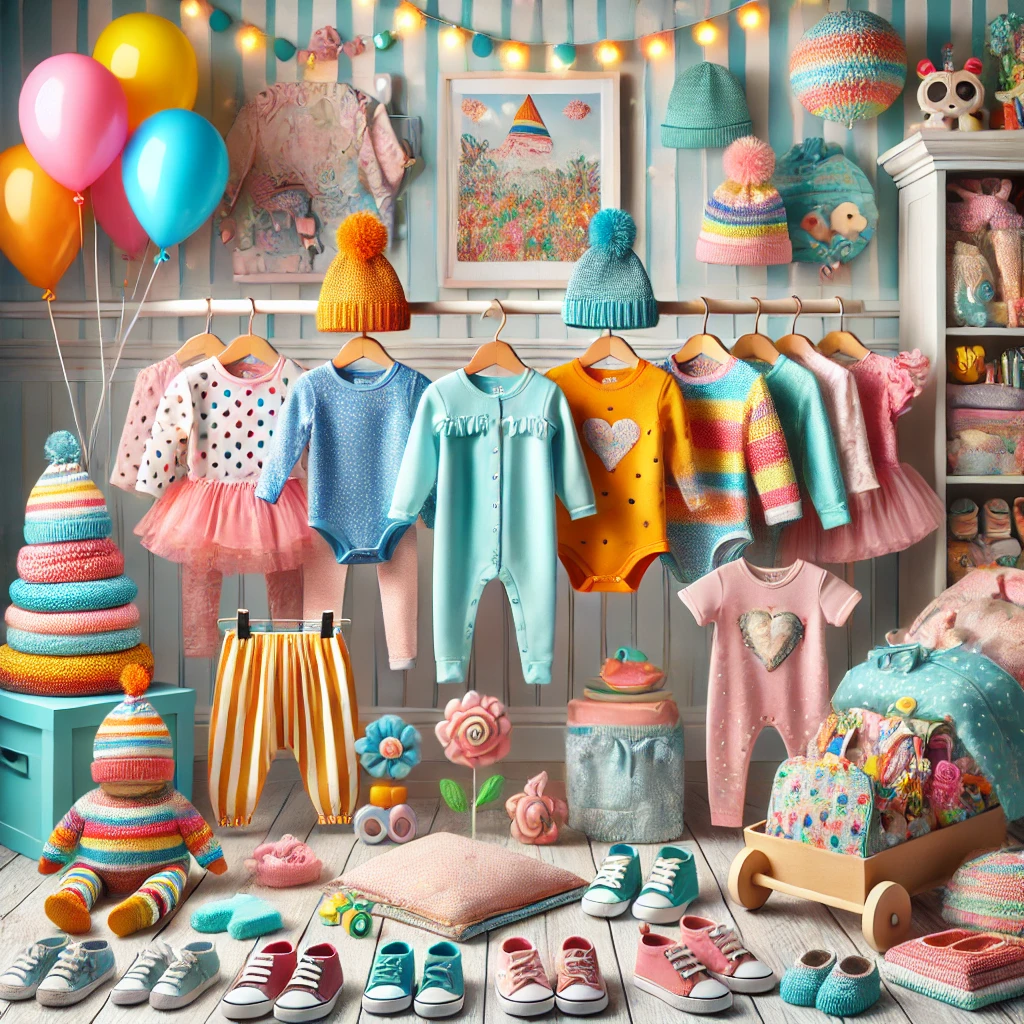 Bright and colorful modern clothing and accessories for babies and kids in a playful and cheerful setting, showcasing a vibrant collection