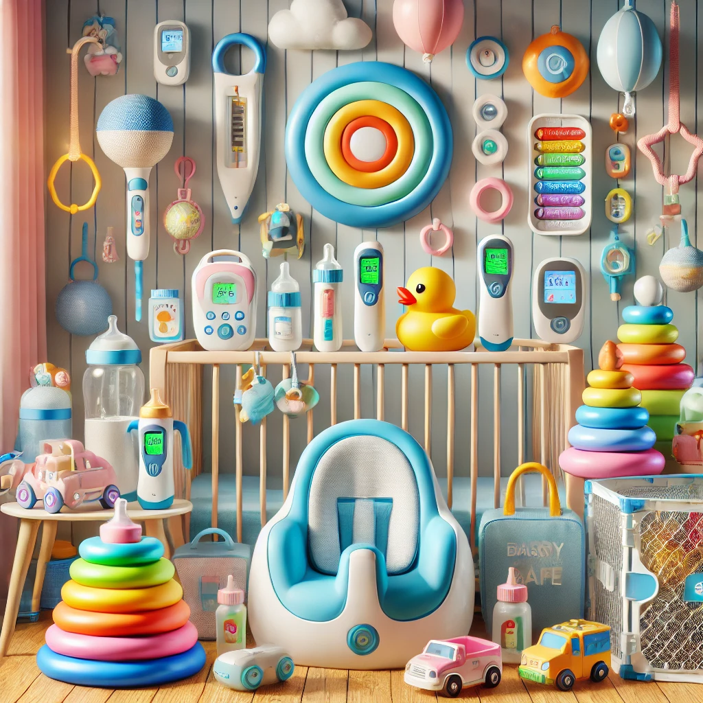 Bright and colorful health and safety products for babies and kids displayed in a clean and cheerful setting, featuring essential items.