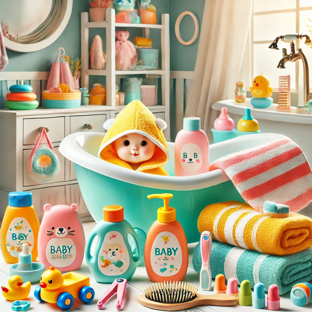 Bright and colorful bathing and grooming essentials for babies and kids displayed in a cheerful bathroom setting.