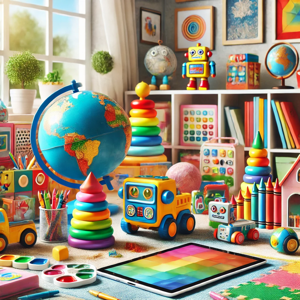 Colorful toys and educational products for kids displayed in a cheerful and playful setting.