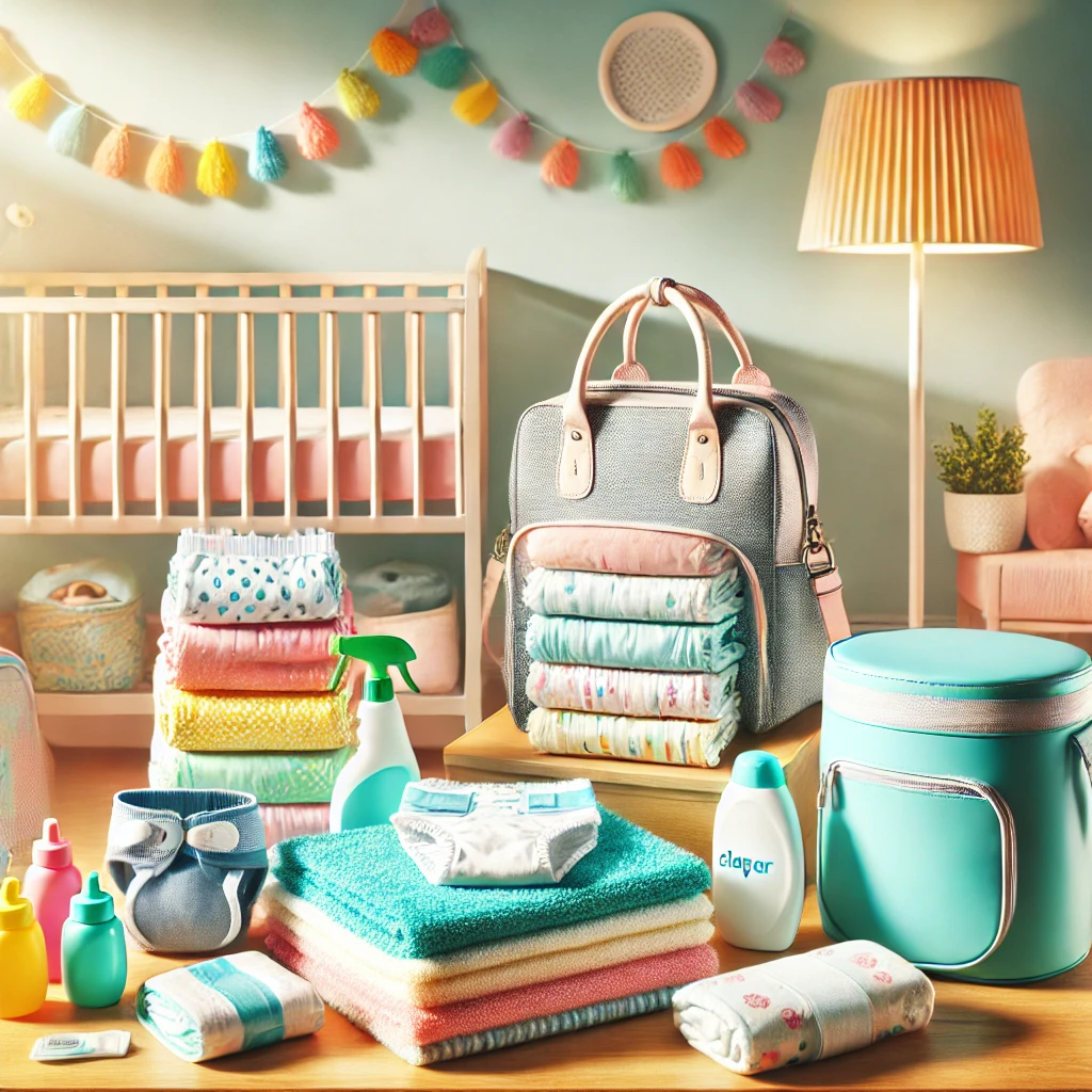 A vibrant, high-quality image showcasing colorful and modern diapering essentials for babies in a clean and cheerful nursery setting. The scene features neatly arranged baby products, including diapers, wipes, and baby care items, emphasizing functionality and aesthetics.