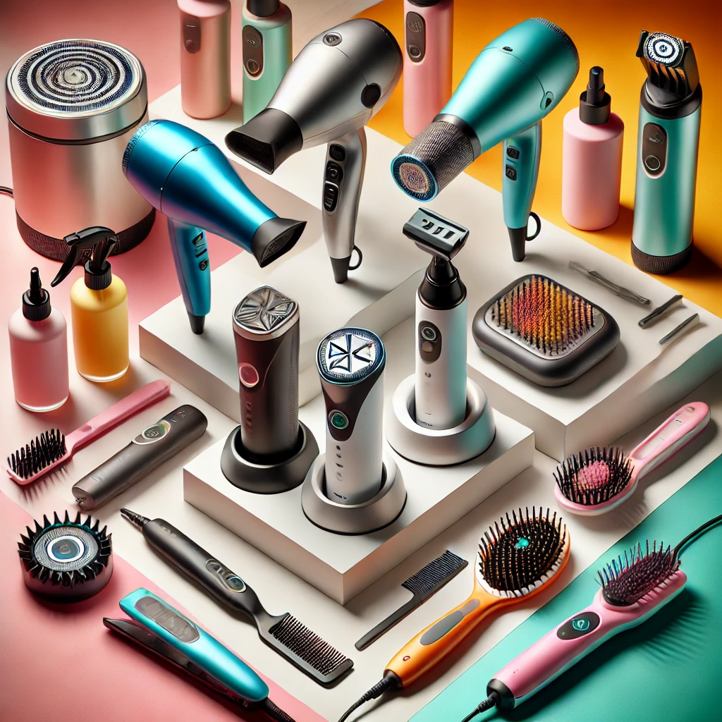 Personal care electronics featuring hair dryers, shavers, trimmers, toothbrushes, and more, displayed in a clean and vibrant setup with a modern, sleek design.
