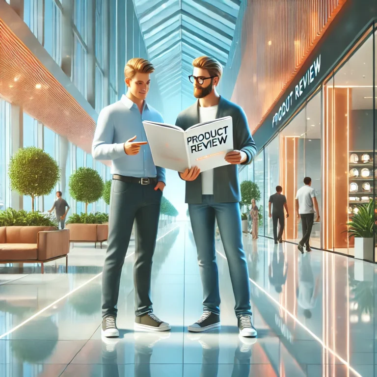 Two men standing in a modern shopping mall, both holding an open book with the words "Product Review" visible, one pointing to the book and explaining something to the other.