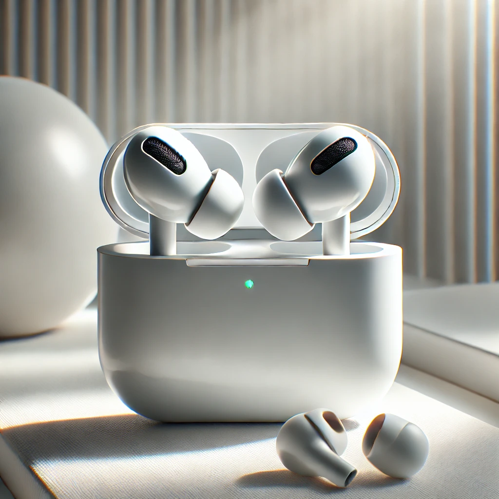 Bright, modern image of the Apple AirPods Pro 2nd Generation earbuds, showcasing sleek design and flexible ear tips.