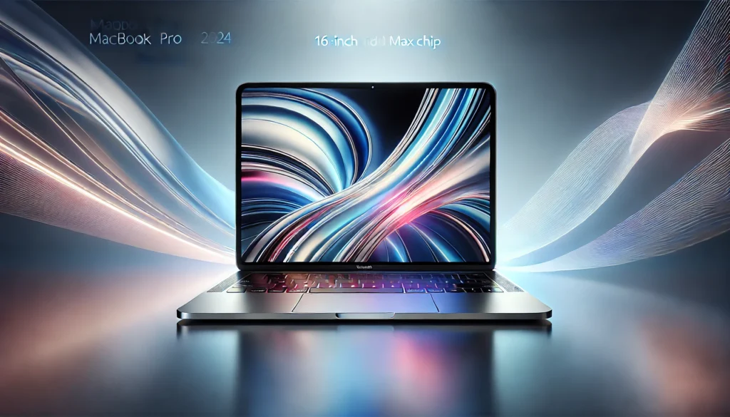 Modern and sleek Apple 2024 MacBook Pro with M4 Max chip, featuring a glowing 16.2-inch Liquid Retina XDR display and a premium silver finish, set against a futuristic gradient background.