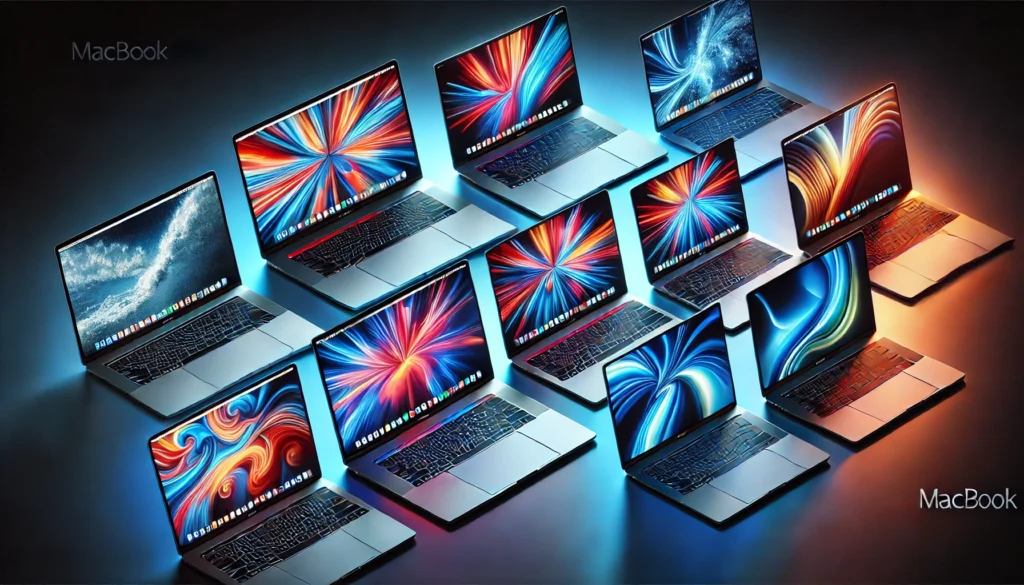 A modern and glowing image featuring multiple Apple MacBook models, including the MacBook Air (M2), MacBook Pro 13-inch (M2), MacBook Pro 14-inch (M3 Pro), and MacBook Pro 16-inch (M4 Max), displayed side by side with vibrant Liquid Retina XDR screens against a sleek gradient background.