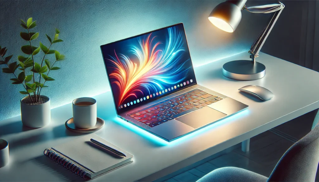 A sleek silver laptop (Dell XPS 15 9530 style) glowing on a minimalist desk setup with a coffee cup, a small plant, and a notebook, featuring a soft blue-to-white gradient background and a vibrant abstract wallpaper on the screen.