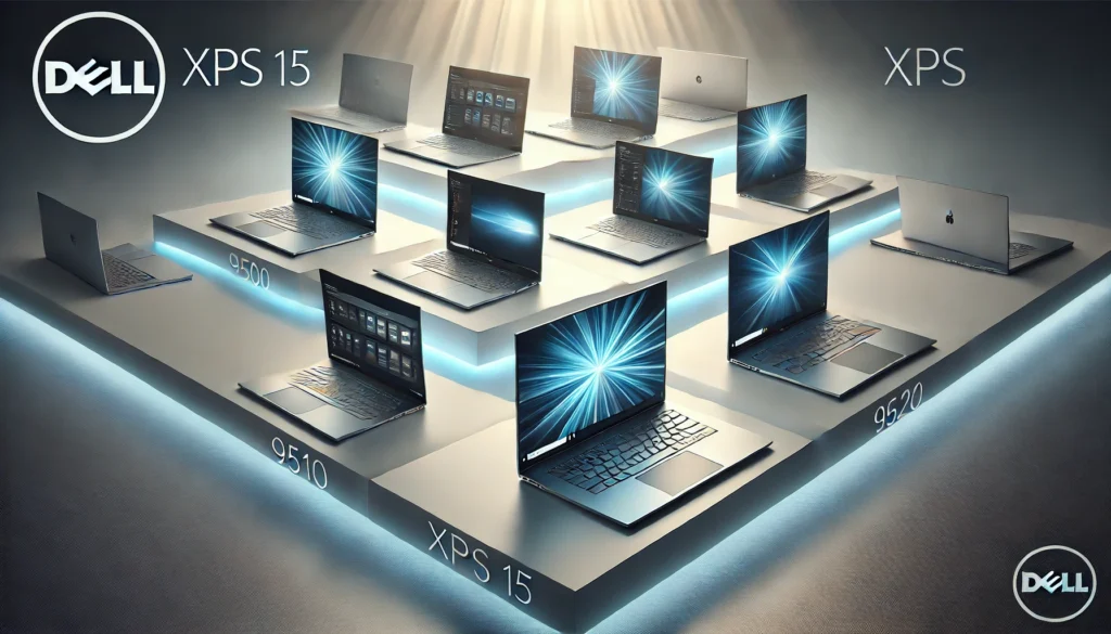 A modern, glowing image displaying multiple Dell XPS 15 laptop models (9500, 9510, 9520, 9530) arranged in a clean and professional setting with a gradient blue-to-gray background and subtle lighting.