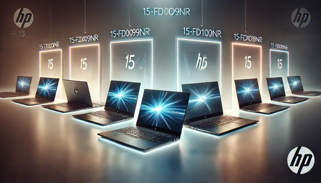 A modern, glowing image featuring various models of the HP 15 series laptops (15-fd0099nr, 15-fd0098nr, 15-fd0100nr, 15-fd0088nr) with clear labels, displayed in a sleek professional setting against a minimalist background with a soft gradient.