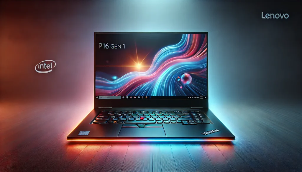Lenovo ThinkPad P16 Gen 1 laptop displayed with its vibrant 16.1-inch 2K screen, showcasing its powerful features like the Intel Core i9 processor, 128GB RAM, and NVIDIA RTX A2000 GPU, with a glowing effect and sleek, minimalist background.