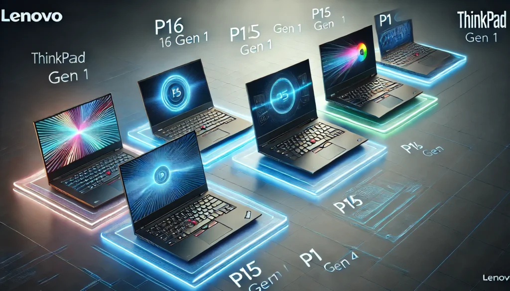 Different models of the Lenovo ThinkPad P series laptops (P16 Gen 1, P15 Gen 1, P14s Gen 1, P1 Gen 4) displayed in a modern, glowing, professional setting with labels for each model.