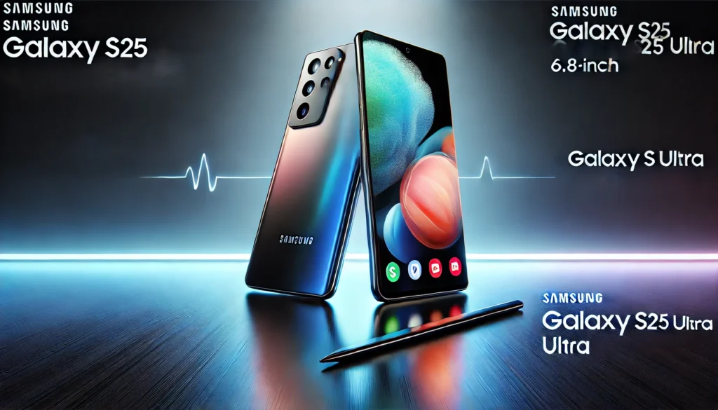 Samsung Galaxy S25 Ultra smartphone displayed with its 200MP AI camera and 6.8-inch Dynamic AMOLED display, glowing in a sleek, professional setting with a soft gradient background highlighting its premium features.