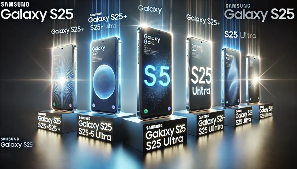 Different models of the Samsung Galaxy S25 series (S25, S25+, S25 Ultra, S25 FE) displayed with glowing effects in a sleek, professional setting, with a soft gradient background highlighting the premium design of each device.