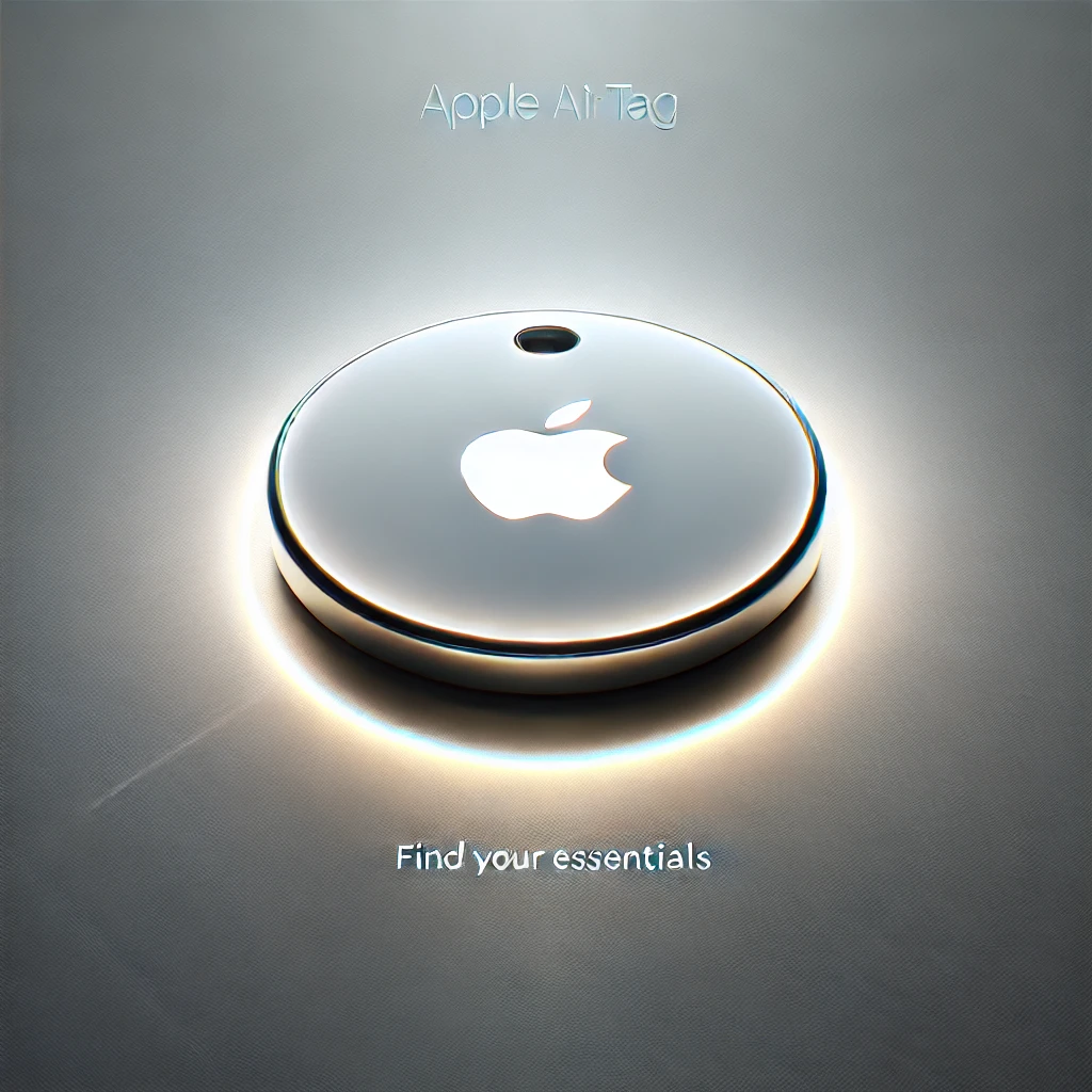 Bright and modern promotional image of an Apple AirTag device on a reflective surface with a clean gradient background, showcasing its sleek and minimalist design.