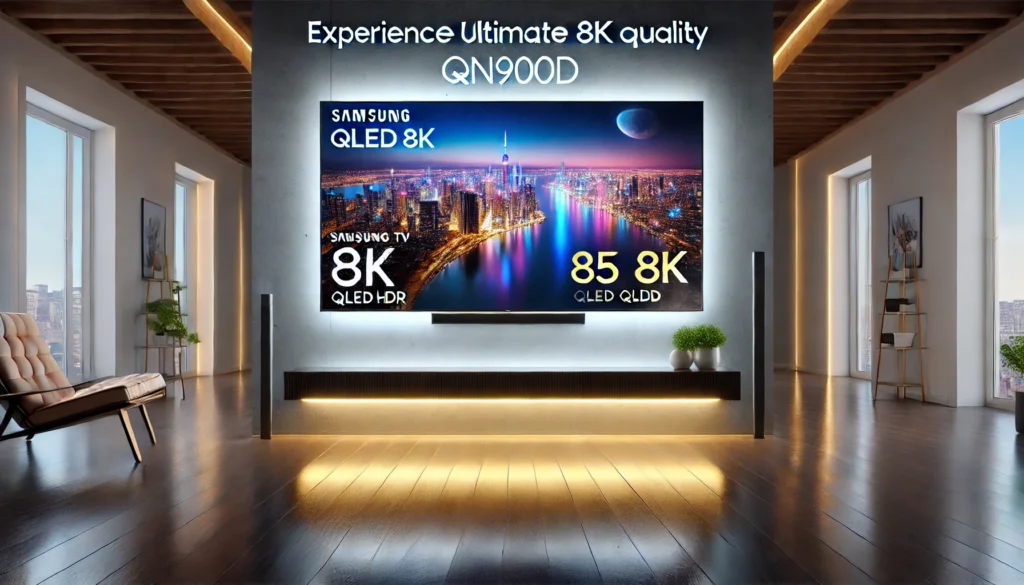 Samsung 85-Inch QLED 8K QN900D TV with ultra-slim bezel design, displaying a vibrant cityscape in 8K HDR, mounted seamlessly on a minimalist wall.