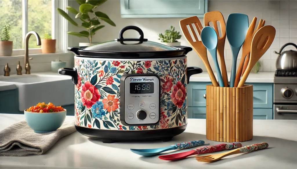 Pioneer Woman 6-Quart Digital Brilliant Blooms Slow Cooker with vibrant floral design, baby blue knobs, and bamboo utensil bundle on a bright kitchen countertop.