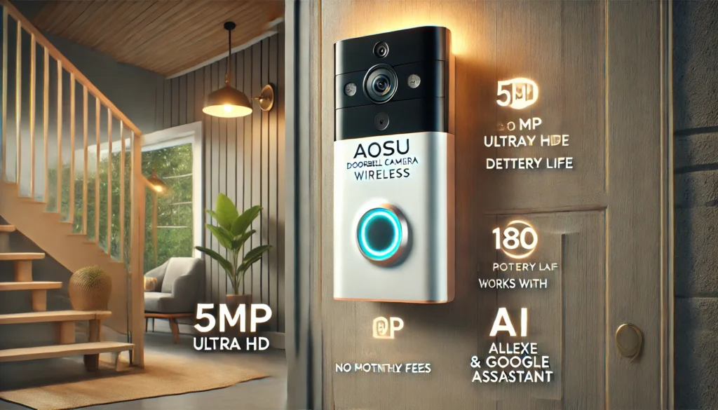 A sleek and modern AOSU Doorbell Camera Wireless mounted on a stylish front door, featuring a 5MP Ultra HD lens, triple motion detection icons, and a badge highlighting "No Monthly Fees.