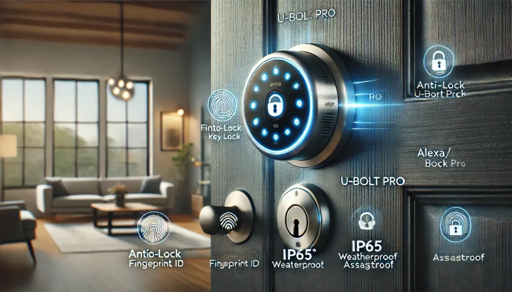 A sleek and futuristic ULTRALOQ Smart Lock U-Bolt Pro installed on a modern door, featuring a glowing 360° fingerprint scanner, anti-peep keypad, and a clean keyless design. Highlights include app control, auto-lock, Alexa/Google Assistant compatibility, and IP65 weatherproof certification.