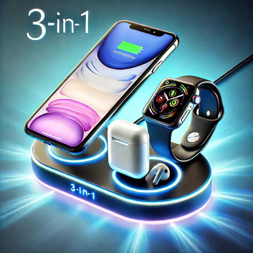 Modern and glowing 3-in-1 wireless charging station with an iPhone, Apple Watch, and AirPods on a sleek design, set against a vibrant gradient background with glowing effects.