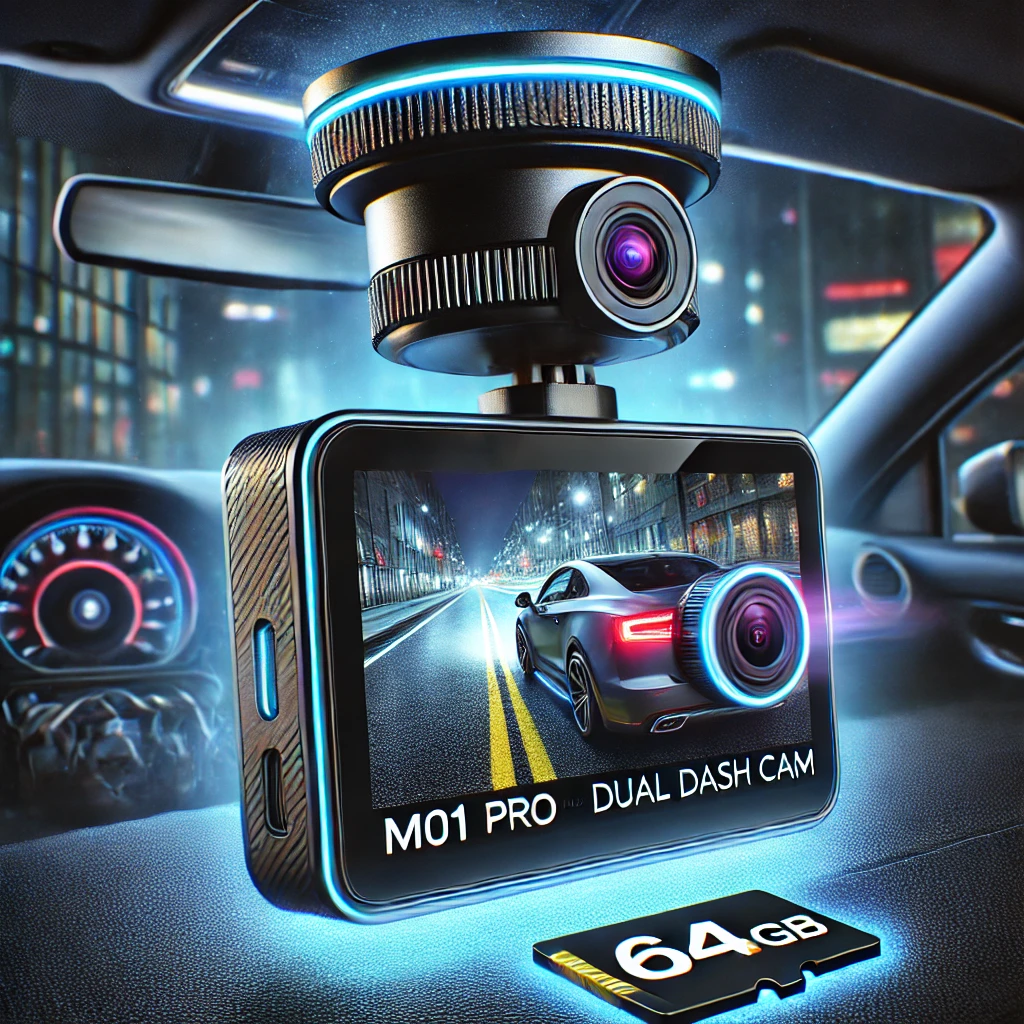 A sleek AZDOME Dual Dash Cam setup in a luxurious car interior, featuring a 3-inch 2.5D IPS screen displaying clear Full HD front and rear footage, with a glowing futuristic design and a highlighted 64GB SD card icon.