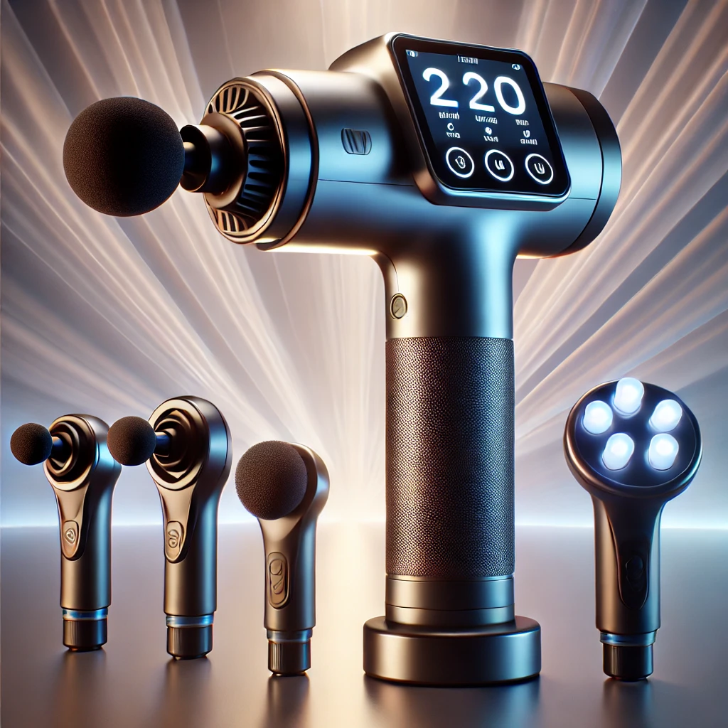 A sleek AERLANG Massage Gun with Heat featuring an LCD touch screen displaying 20 speed levels, surrounded by multiple massage heads, set against a clean and glowing minimalist background, emphasizing its modern and portable design.
