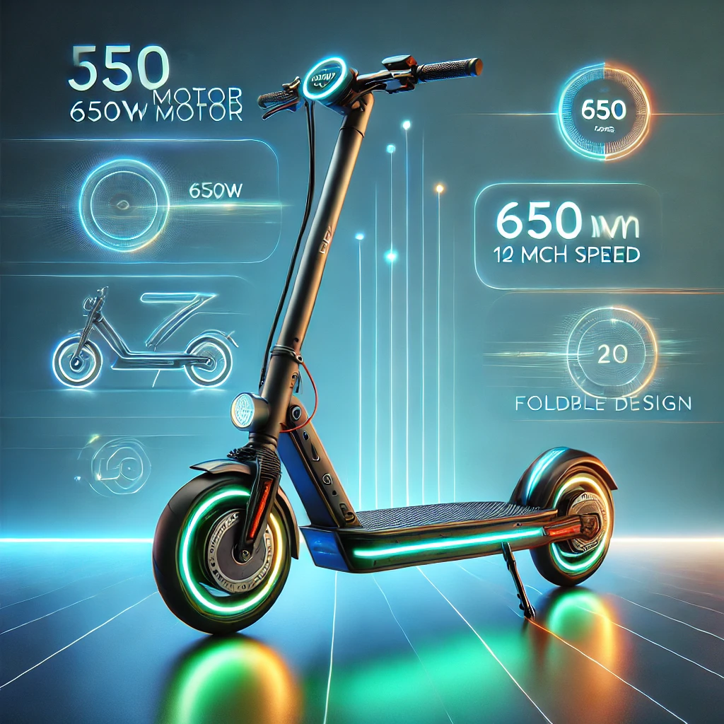 A sleek and stylish Jasion JS3 Electric Scooter with a glowing futuristic design, featuring a foldable frame, adjustable seat, large 12-inch tires, and a bright LCD display. Neon blue and green accents highlight its features on a clean, bright background. Text overlays display '650W Motor', '20 MPH Speed', and 'Foldable Design