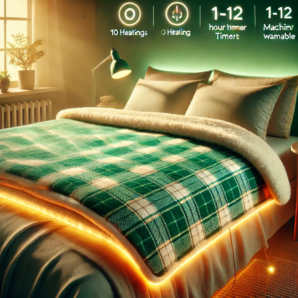A cozy and vibrant promotional image of the Westinghouse Electric Blanket in green plaid with a soft white Sherpa lining, displayed neatly on a bed with warm lighting and glowing accents. The image highlights its features, including 10 heating levels, a 1-12 hour timer, and machine-washable convenience.