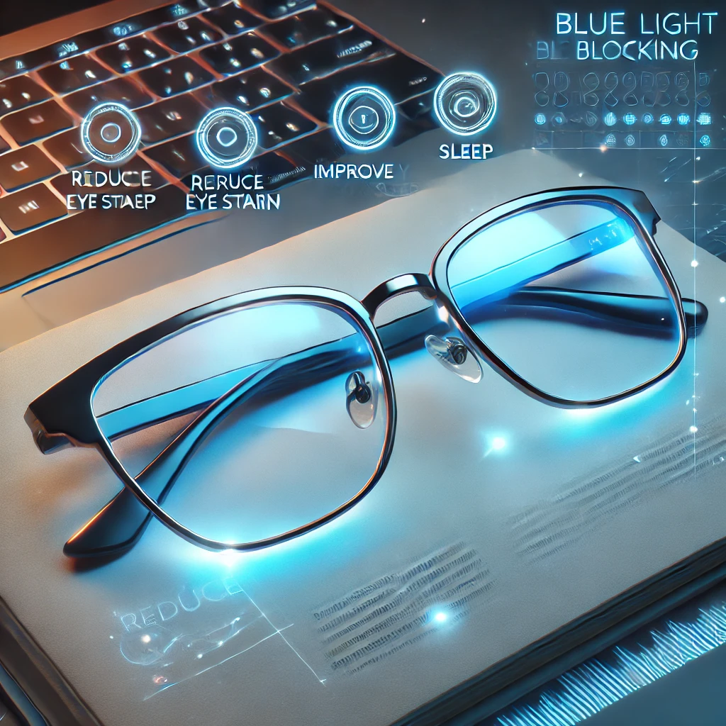 A pair of sleek and stylish blue light blocking glasses placed on a laptop, surrounded by a soft blue and white glowing background. The image emphasizes eye protection, clarity, and comfort, with glowing accents around the lenses to highlight their functionality in reducing digital eye strain and improving sleep.