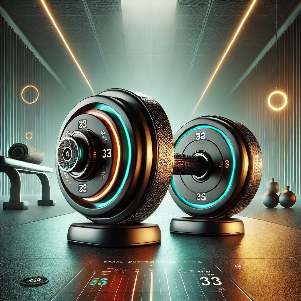 Sleek and modern adjustable dumbbells with a black and metallic finish, featuring a visible weight adjustment dial and ergonomic non-slip handles. Set in a minimalist gym environment with a glowing, motivational background that highlights their versatility and space-saving design.