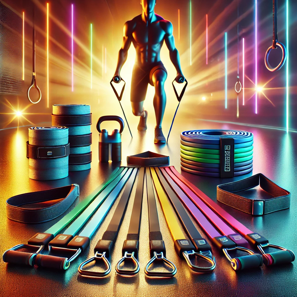 A high-quality resistance bands set featuring multiple colorful bands of varying resistance levels, along with handles, ankle straps, and a door anchor, neatly arranged on a clean and modern surface with a glowing, fitness-themed background.