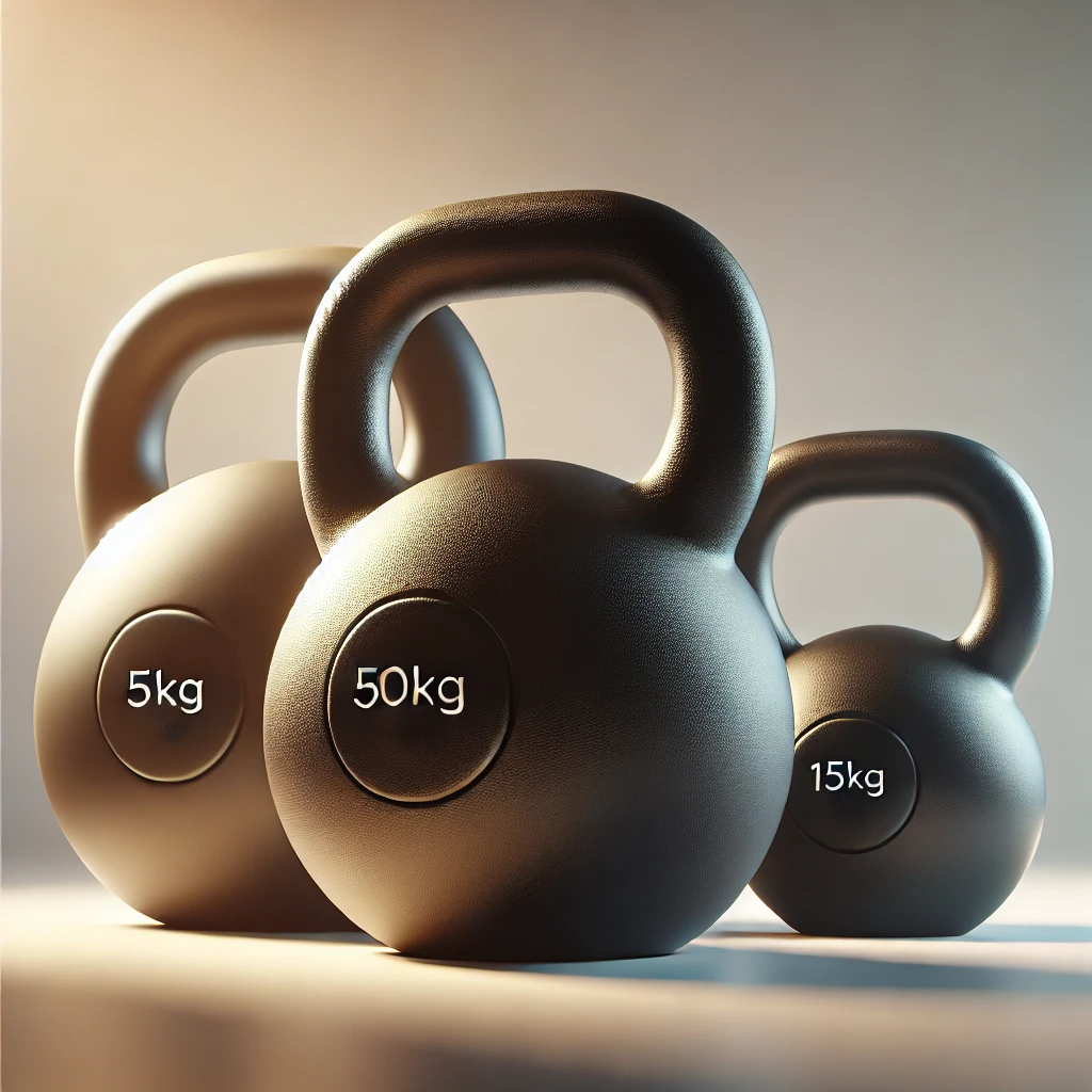 Sleek and modern kettlebell weights in various sizes, featuring ergonomic handles and a matte black finish, displayed on a bright, clean surface with minimalistic fitness decor.