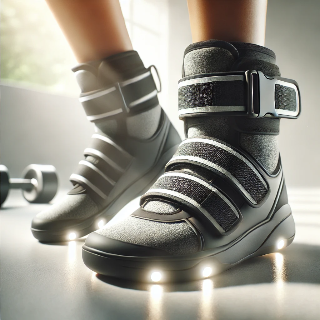 Pair of sleek black and grey adjustable ankle weights with Velcro straps, displayed on a bright, clean surface with a minimalistic fitness-themed background.