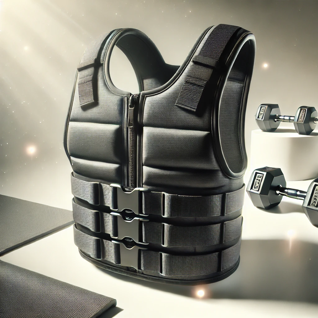 Sleek black weighted vest with adjustable straps and visible weight pockets, displayed on a bright, clean surface with a minimalistic fitness-themed background.