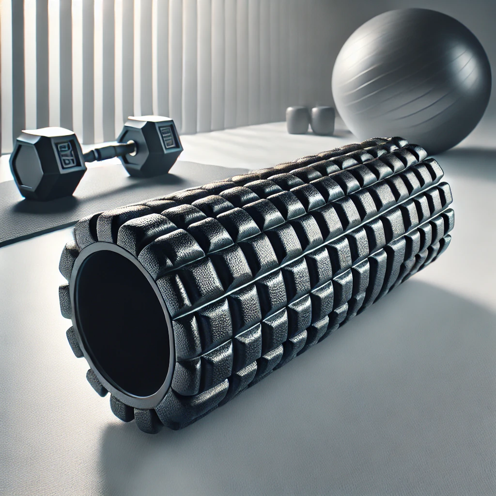 Textured black foam roller designed for muscle recovery, displayed on a bright, clean surface with minimalistic fitness-themed decor in the background.