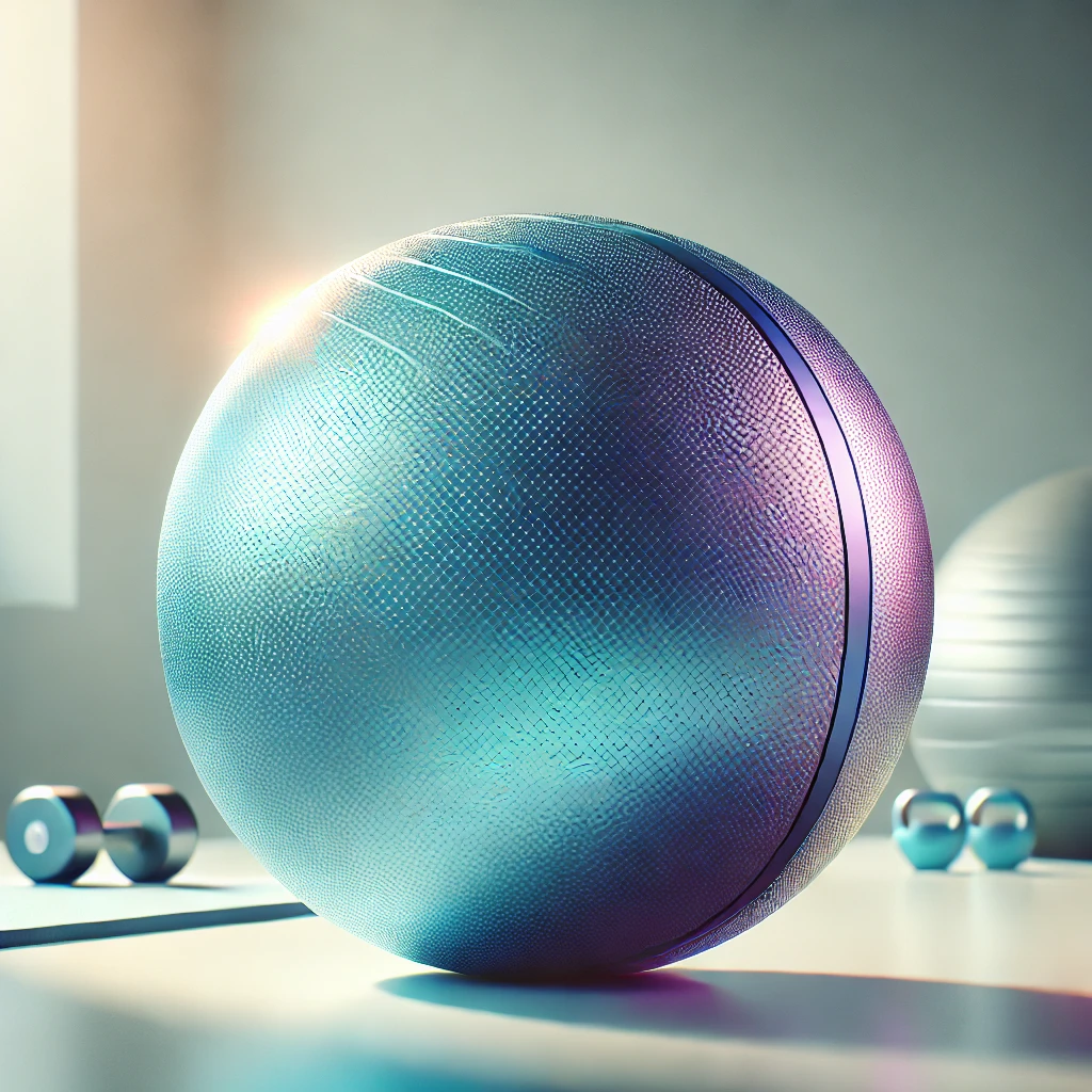 Vibrant blue balance ball with a textured, non-slip surface, displayed on a bright, clean surface with a minimalistic fitness-themed background including a yoga mat.
