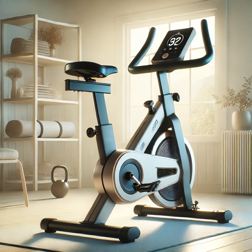 Sleek stationary exercise bike with an ergonomic seat, adjustable resistance knob, and a digital display, set in a bright, minimalistic home gym with natural lighting.