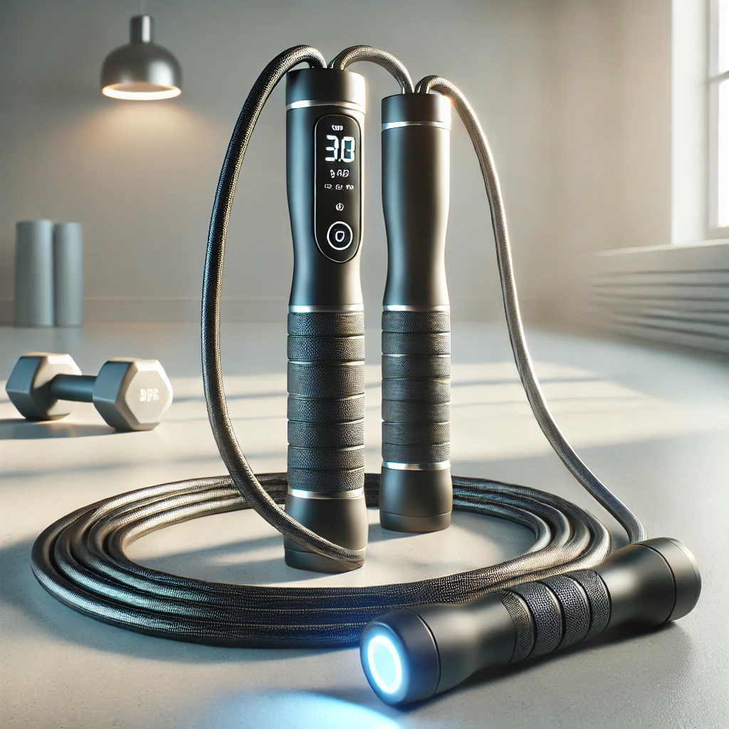 Jump rope with digital counter, featuring sleek ergonomic handles and a durable rope, displayed in a clean, minimalistic fitness setting with natural lighting.
