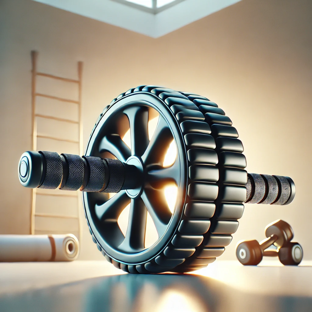 High-quality ab roller wheel with ergonomic handles, wide durable design, and non-slip surface, placed on a bright surface with soft natural lighting in a minimalistic fitness setting.