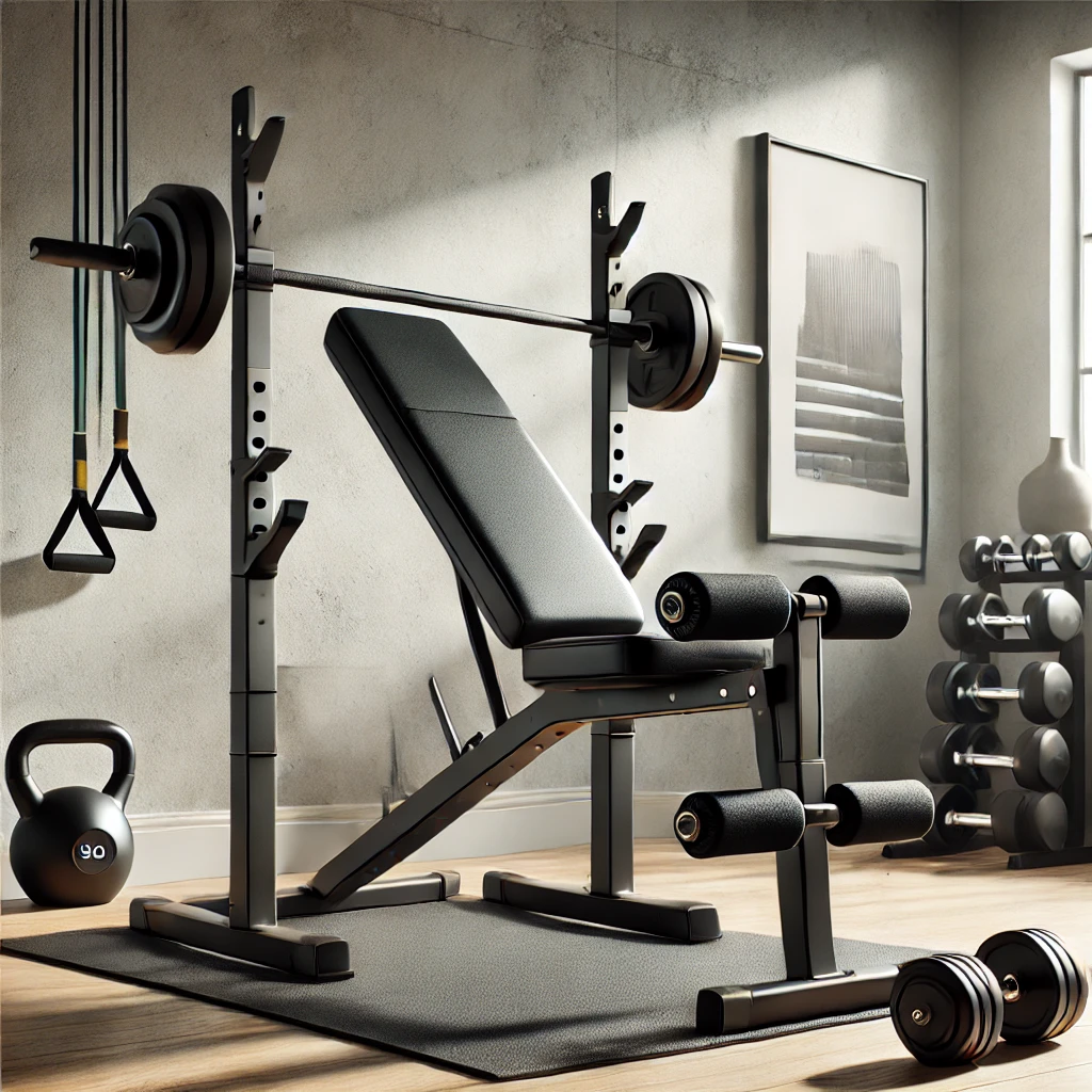 Modern adjustable bench for strength training in a well-lit gym setting with a sleek black padded design and metallic frame accents, highlighted by glowing lighting.