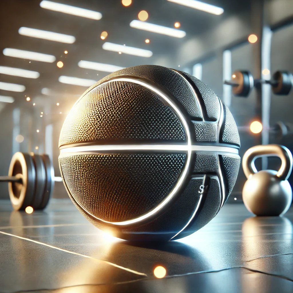 Modern medicine ball with a sleek textured grip and weight markings, placed on a polished gym floor in a bright and well-lit gym environment, surrounded by blurred fitness equipment like dumbbells and kettlebells.
