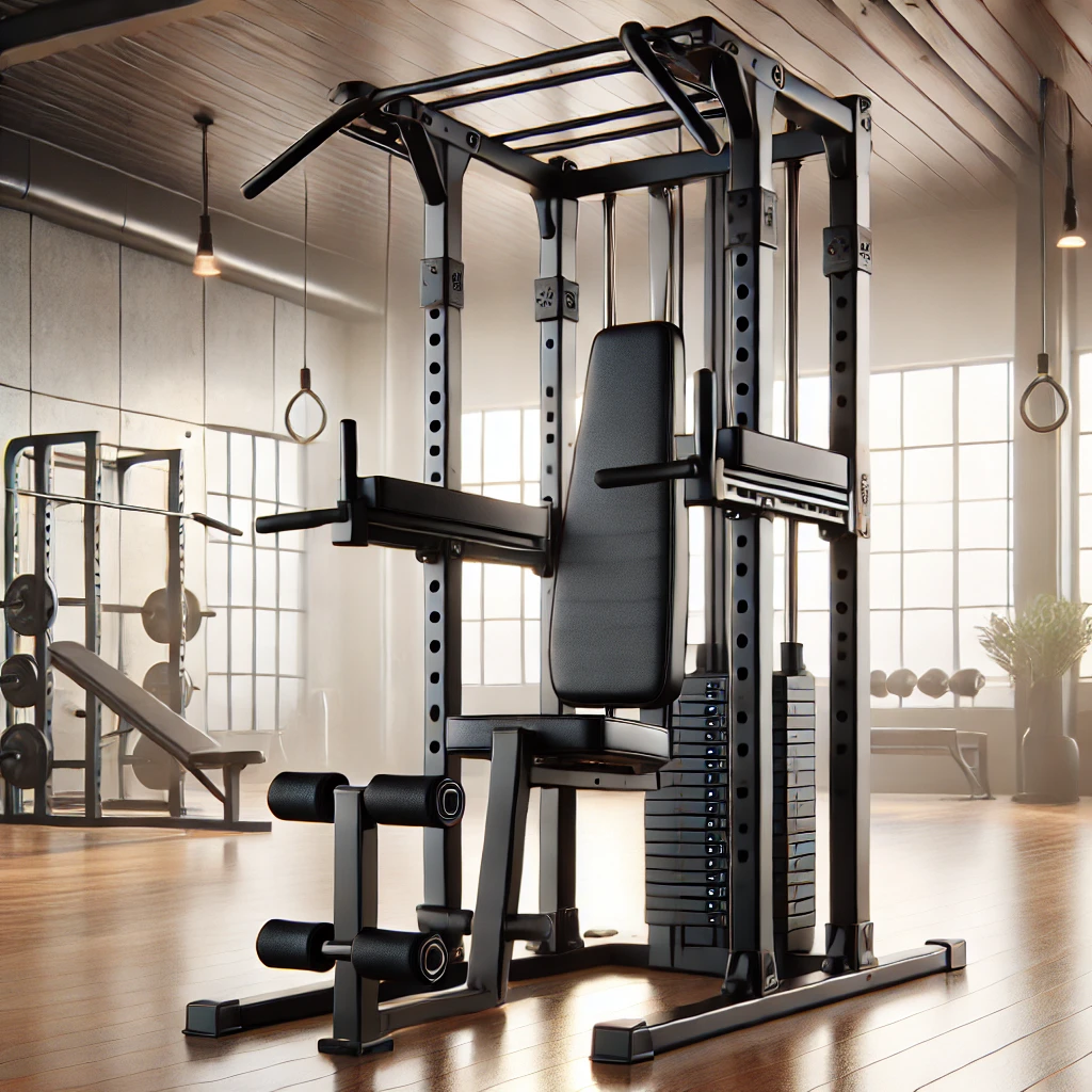 Modern Power Tower (Pull-Up and Dip Station) with black padded armrests, back support, and a sturdy metallic frame, set in a bright home gym with a polished floor and soft lighting.