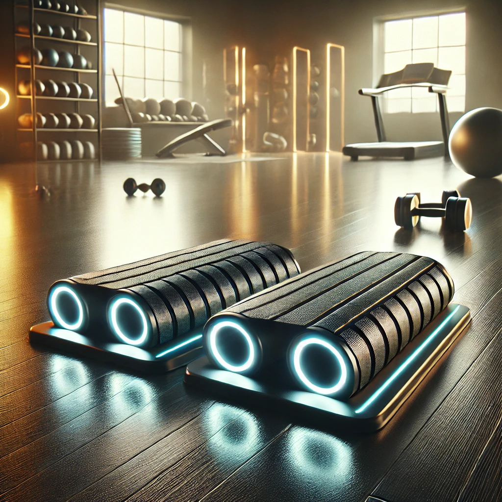 Modern exercise sliders with a sleek dual-sided design, displayed on a polished gym floor with a bright and motivational home gym background, surrounded by gym accessories like yoga mats and dumbbells.