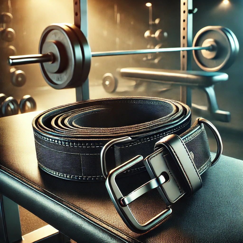 Adjustable weightlifting belt made of high-quality leather with visible stitching and a secure Velcro buckle, coiled neatly on a polished gym bench in a professional gym setting, surrounded by blurred barbells and dumbbells.